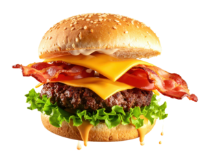 Limited Edition Cheeseburger with Melting Cheese and Bacon in Mid-Air on White