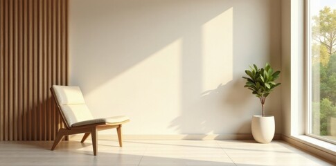Soft beige walls, wooden chair, accent wood panel Tranquil interior scene , natural, photo, high resolution