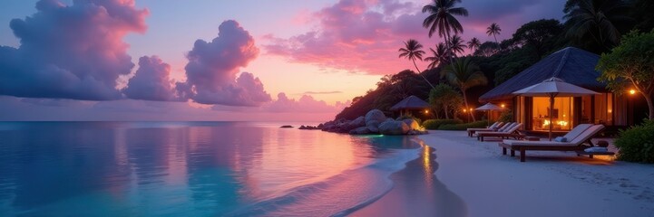 Luxury beachfront resort at dusk, tranquil waters , idyllic, palm trees, sunset