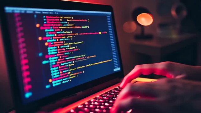Coding at Night: Programmer Typing on Laptop with Lines of Code on Screen