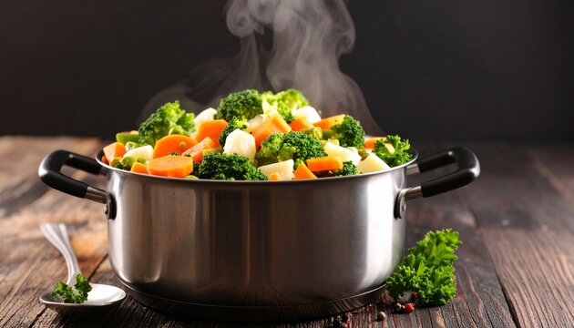 Sendok dan sayur masak di atas meja, sayur sehat di dalam panci 