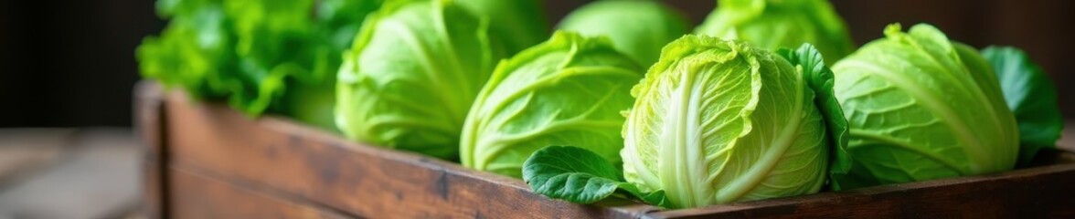 Crisp napa cabbage heads, vibrant green, nestled in rustic wooden crate ,  napa cabbage,  vibrant,  crate