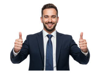 Smiling businessman in a suit giving two thumbs up gesture of approval and success isolated on transparent background