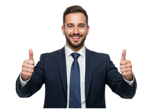 Smiling businessman in a suit giving two thumbs up gesture of approval and success isolated on transparent background