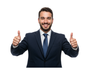 Smiling businessman in a suit giving two thumbs up gesture of approval isolated on transparent background
