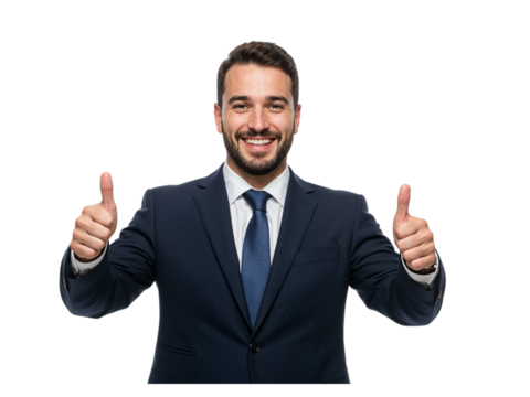 Smiling businessman in a suit giving two thumbs up gesture of approval isolated on transparent background
