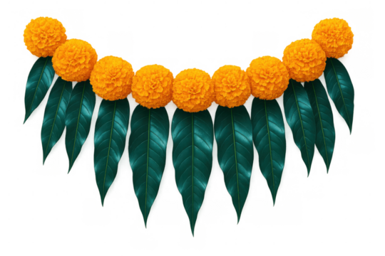Bright orange marigold blossoms intertwining with verdant mango leaves creating traditional festive floral garland decoration