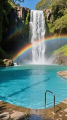 Swimming Pool with Waterfall and Rainbow in Lush Greenery
