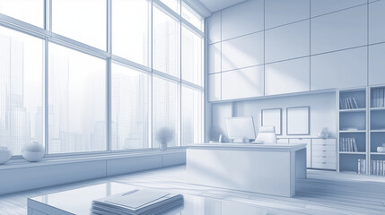 Fototapeta premium Modern office interior featuring white and blue tones, clean lines, and natural light for a professional ambiance.