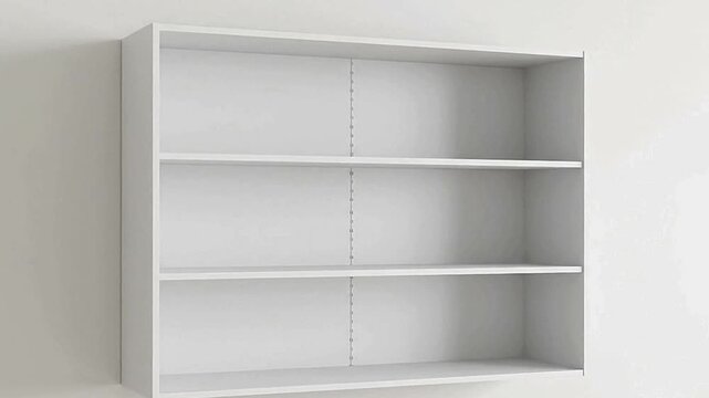An empty builtin white shelving unit with three shelves