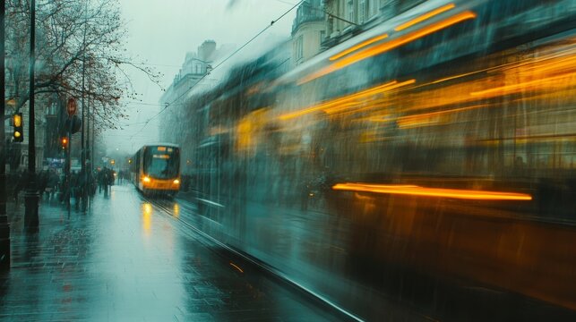 Motion blurred image of a tram passing on wet rainy day in the city
