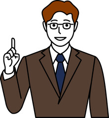 メガネ、茶色のスーツ、ナンバー1ポーズをする男性