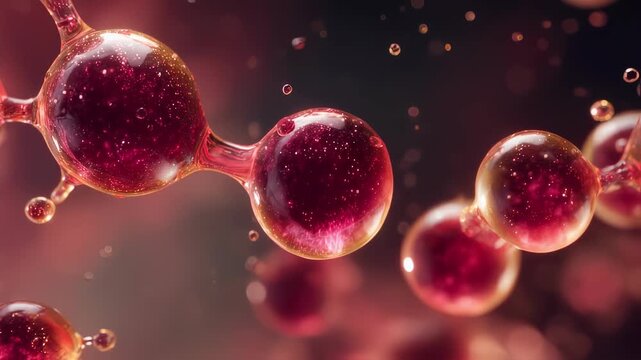 Molecularlevel footage of red acidic particles reacting with bicarbonate buffer molecules causing pH scale equilibrium changes.