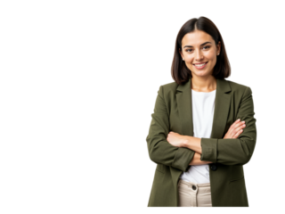 Smiling young professional woman with arms crossed wearing a green blazer and white shirt isolated on transparent background