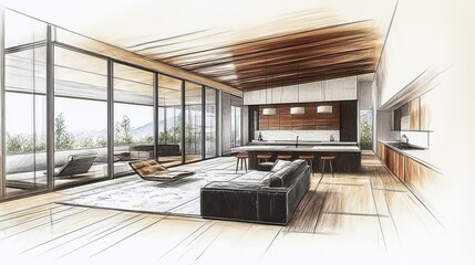 Obraz premium A sketch of living room and kitchen bar on modern interior 