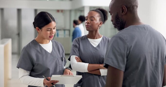 Collaboration, meeting and nurses in hospital together for feedback, report or review of healthcare. Administration, clipboard and teamwork with medical people in conversation for residency planning