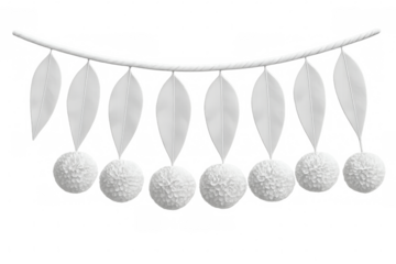 Decorative white garland featuring delicate floral elements and green leaves, suspended against transparent backdrop for festive styling