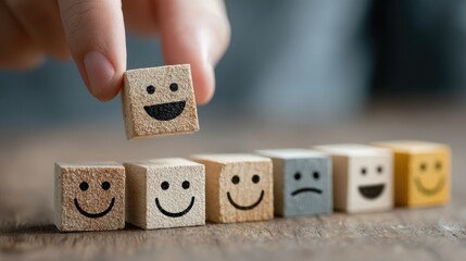 Hand placing happy face wooden block among others