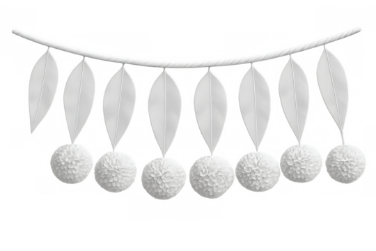 Decorative white garland featuring delicate floral elements and green leaves, suspended against transparent backdrop for festive styling