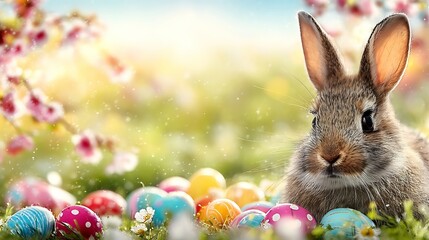 8K Ultra HD Cute Rabbit in Flower Meadow with Scattered Decorated Easter Eggs, Sunny Spring Background