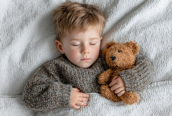Child Boy Sleeping Teddy Bear Cozy Sweater Blanket Innocence Childhood Comfort Nap Joy Family Tenderness Indoor Gray Portrait Happiness Toddler Dreaming Love Warmth Cuddle Home Rest Affection