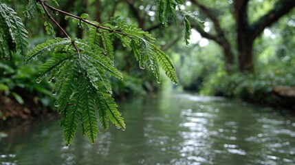 Obraz premium Lush green leaves and water channel in a tropical garden
