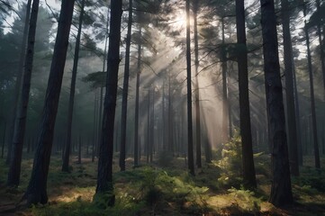 Mystical Forest Radiance: A breathtaking view of a dense forest, where sunlight streams through the towering trees, illuminating the forest floor with ethereal beams of light.