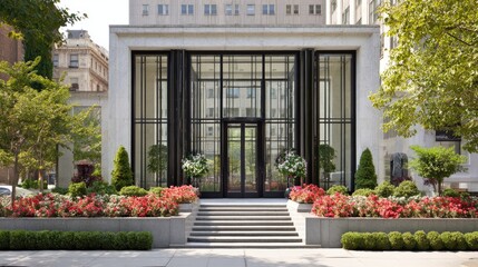 Fototapeta premium Modern building entrance with landscaped gardens.