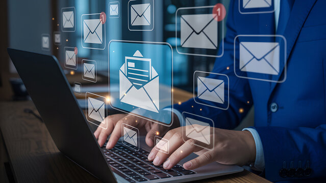 Businessman using laptop with digital email notifications overlay - Powered by Adobe