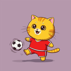 An energetic orange-striped cat in a red soccer uniform kicks a black-and-white ball mid-play, beaming with joy against a soft purple backdrop.