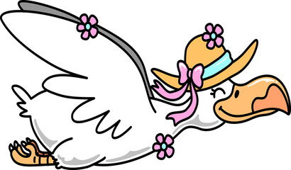 Retro Groovy Cartoon Bird Flying with Hat and Flowers