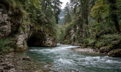 Rocky river gorge, lush forest