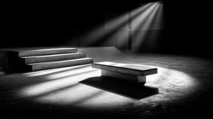 Empty skatepark, sunbeams, concrete