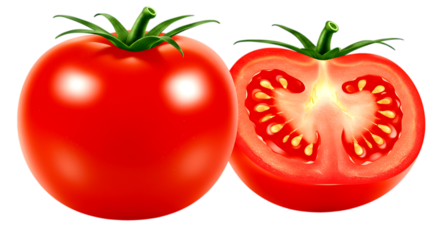 Ripe red tomato whole and halved with seeds isolated on a transparent background image