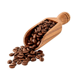 Obraz premium Roasted coffee beans spilling from wooden scoop isolated on a transparent background brown