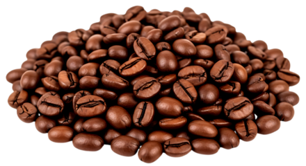 Roasted coffee beans pile isolated on a transparent background brown dark background