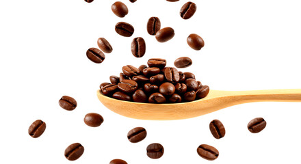 Roasted coffee beans spilling from wooden spoon isolated on a transparent background dark background