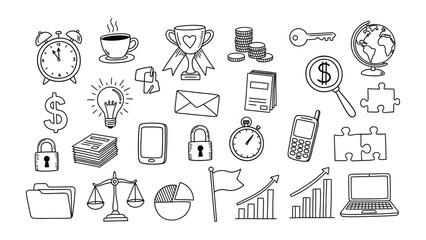 A versatile collection of hand-drawn business doodle icons, a complete set for finance and office concepts.