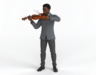 Fototapeta premium A dark-skinned man in a grey suit stands and plays a violin, holding the bow and instrument with focused attention.