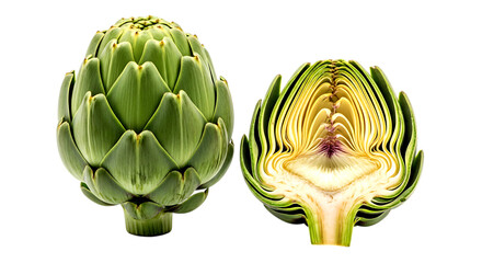 Whole and Halved Green Artichoke isolated on a transparent background image