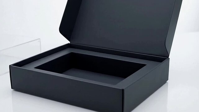 Black box with lid open showcasing internal void against a bright background