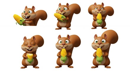 Fototapeta premium Cartoon squirrel holding corn animated character set