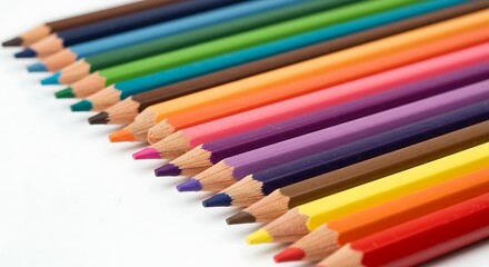 Obraz premium Set of colored pencils arranged in parallel, white background.