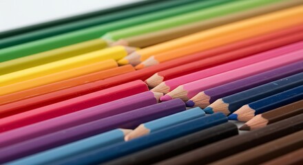 Fototapeta premium Set of colored pencils arranged in parallel, white background.