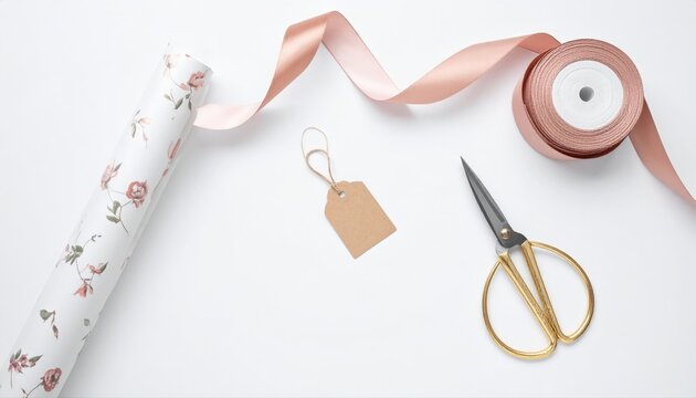 Elegant flat lay of gift wrapping supplies for blog post or marketing minimalist craft style