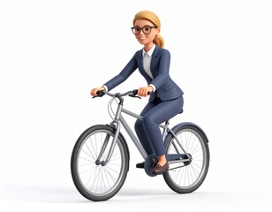 Obraz premium 3D rendering of a blonde businesswoman in a suit riding a silver bicycle on a white background.