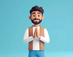 Cartoon man with a beard, dressed in casual clothes, in a prayerful pose against a light blue background.