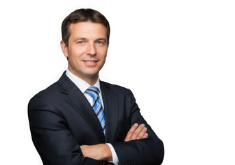 Professional businessman portrait in suit with arms crossed smiling headshot png image for design and marketing purposes isolated on transparent background