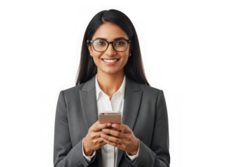 Smiling businesswoman in suit using smartphone mobile phone app portrait professional isolated on transparent background