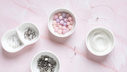 Feminine flat lay of DIY jewelry making supplies for blog photo craft hobby and social media post